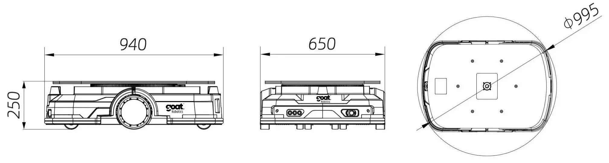 GT-L 600 technical drawing with side, front and top views and dimensions in millimetres