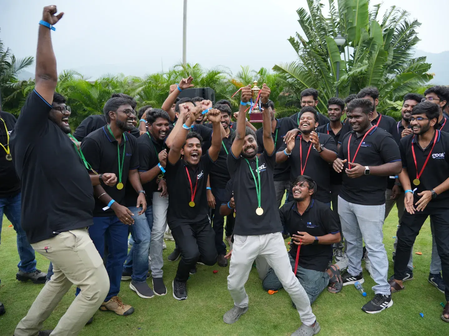 Team celebrating a game win at the offsite
