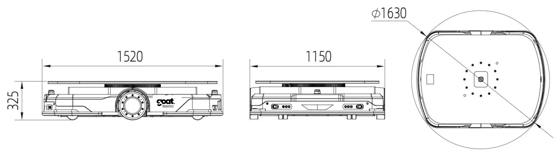 GT-L 2000 technical drawing with side, front and top views and dimensions in millimetres