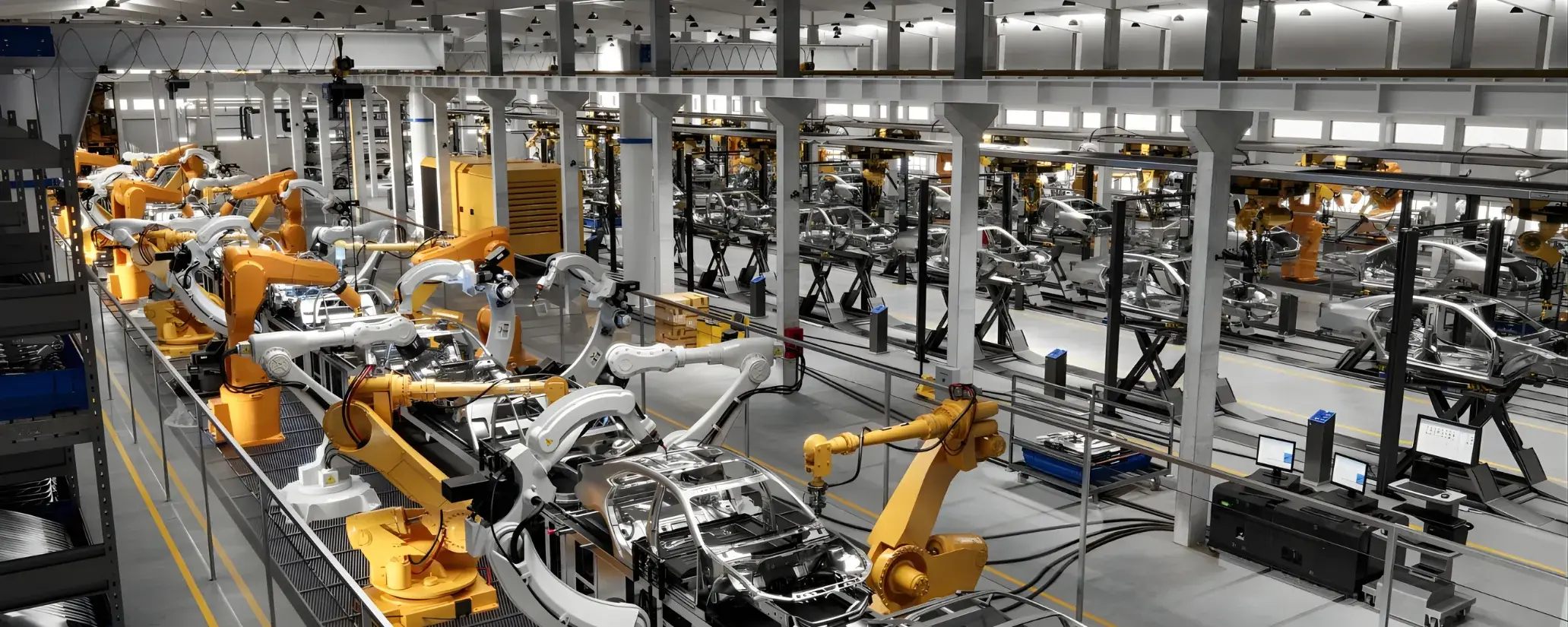 Robotic arms on a car-body production line