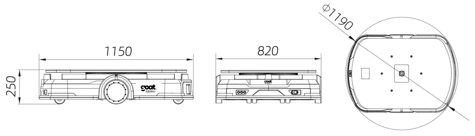 GT-L 1000 technical drawing with side, front and top views and dimensions in millimetres