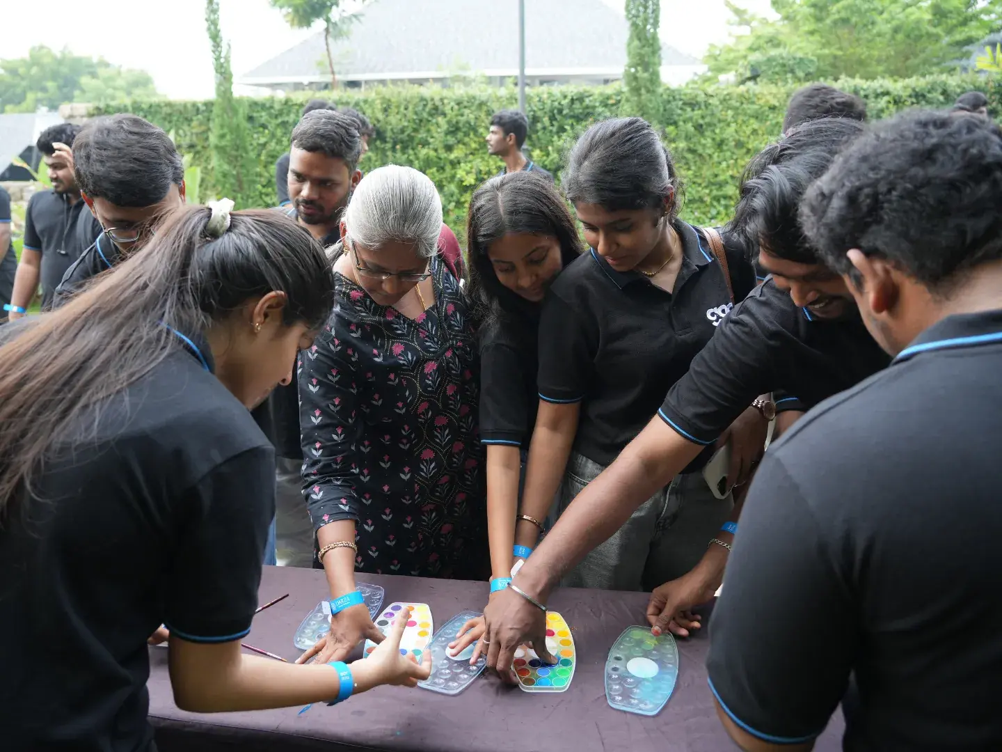 Team members at an activity table during the offsite