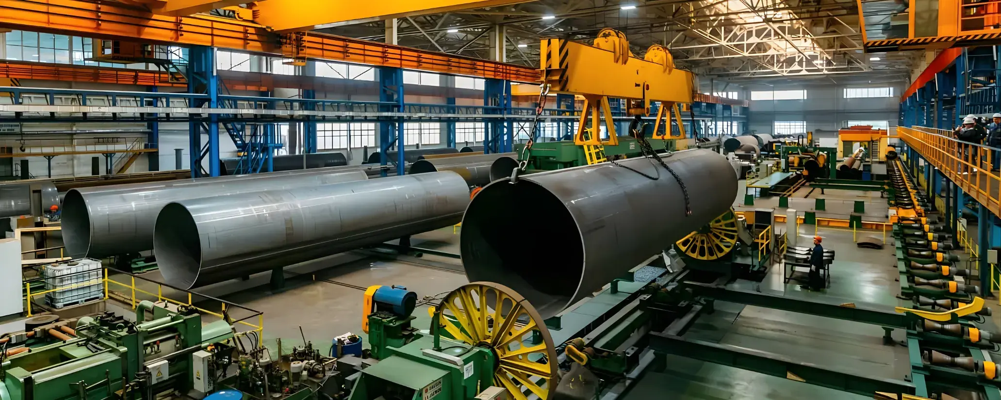 Large steel pipes in a heavy engineering workshop