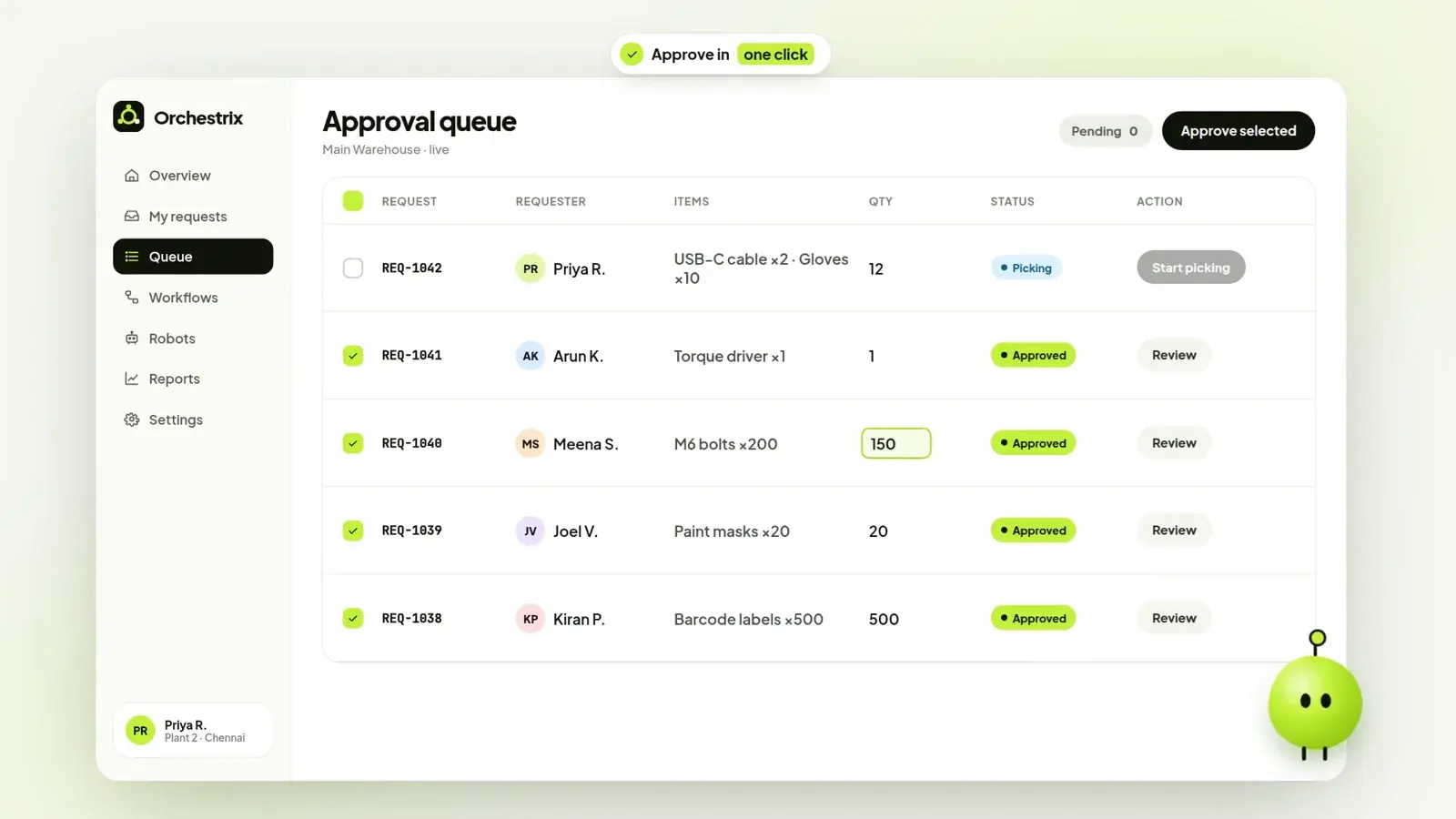Orchestrix approval queue listing requests with requester, items, quantity, status and a start picking action