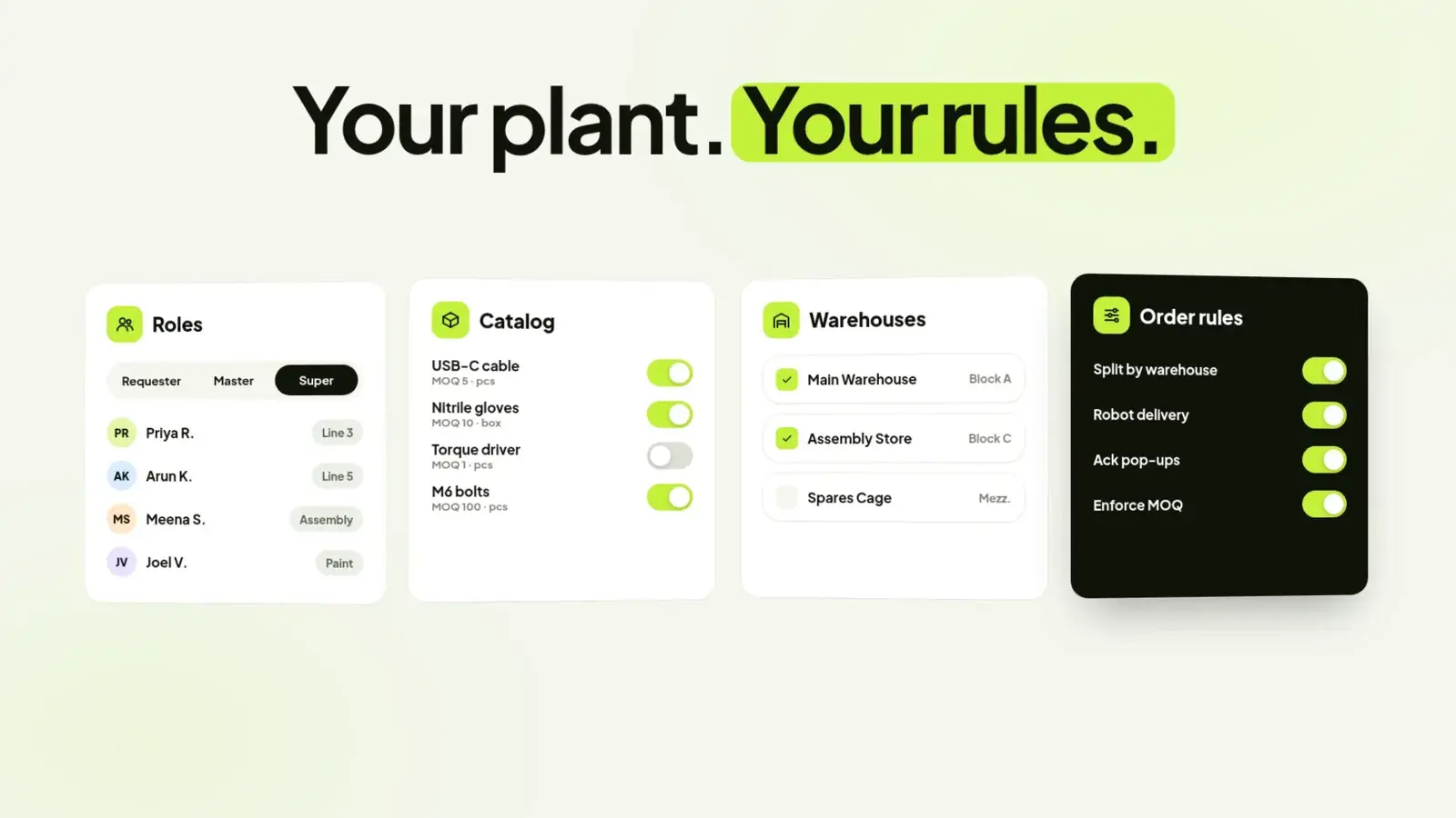 Orchestrix settings for roles, catalogue, warehouses and order rules