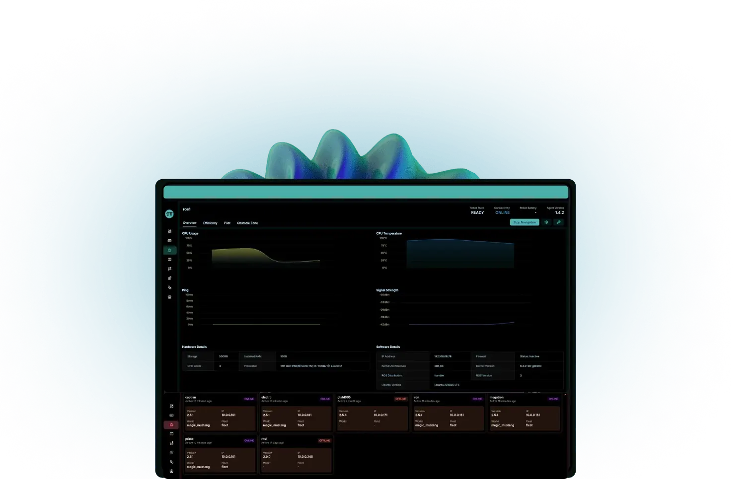 GT Studio dashboard showing the site map, robot positions and task queue