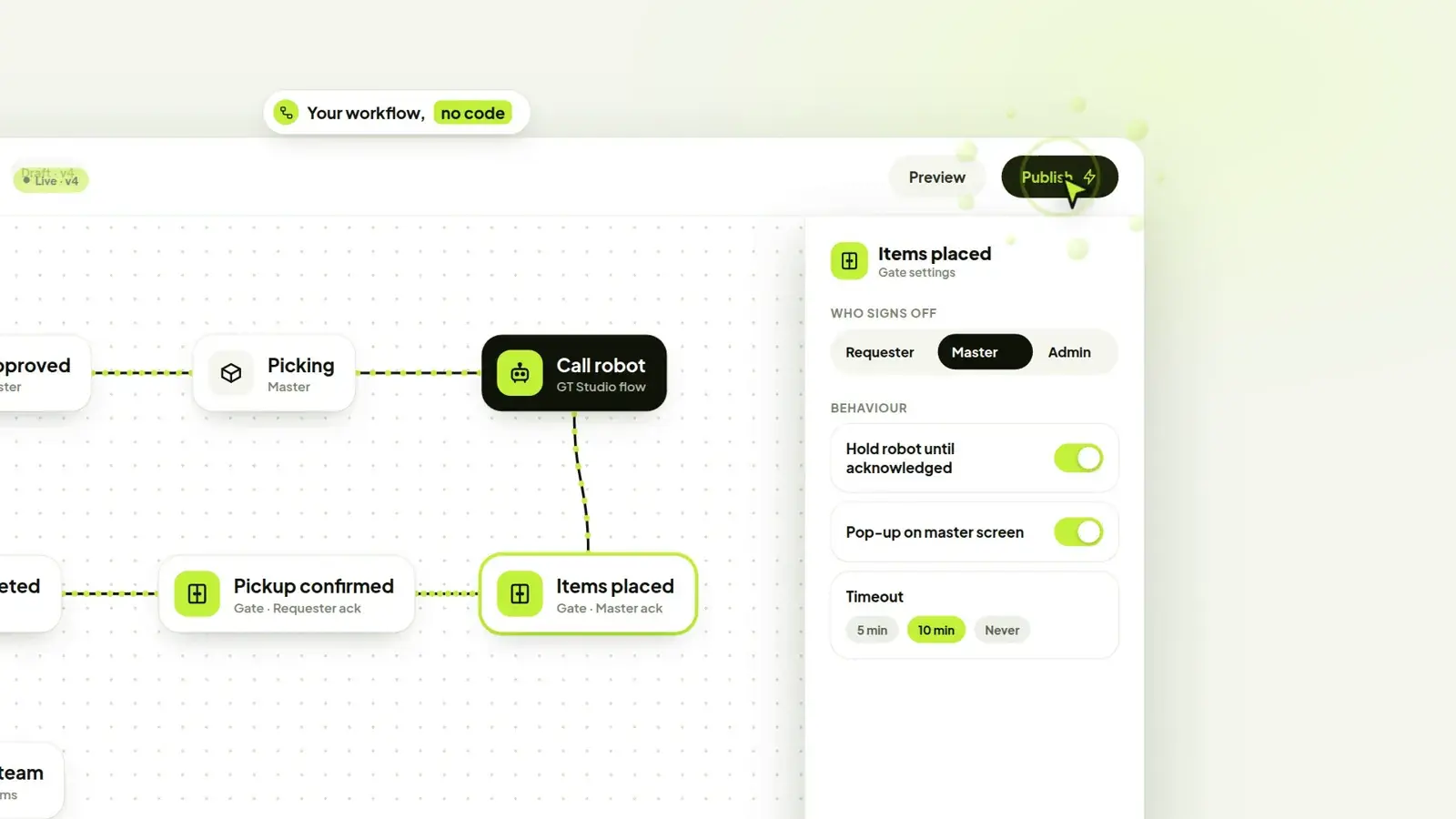 Orchestrix workflow builder for line-side delivery, with gate settings to hold the robot until items are placed
