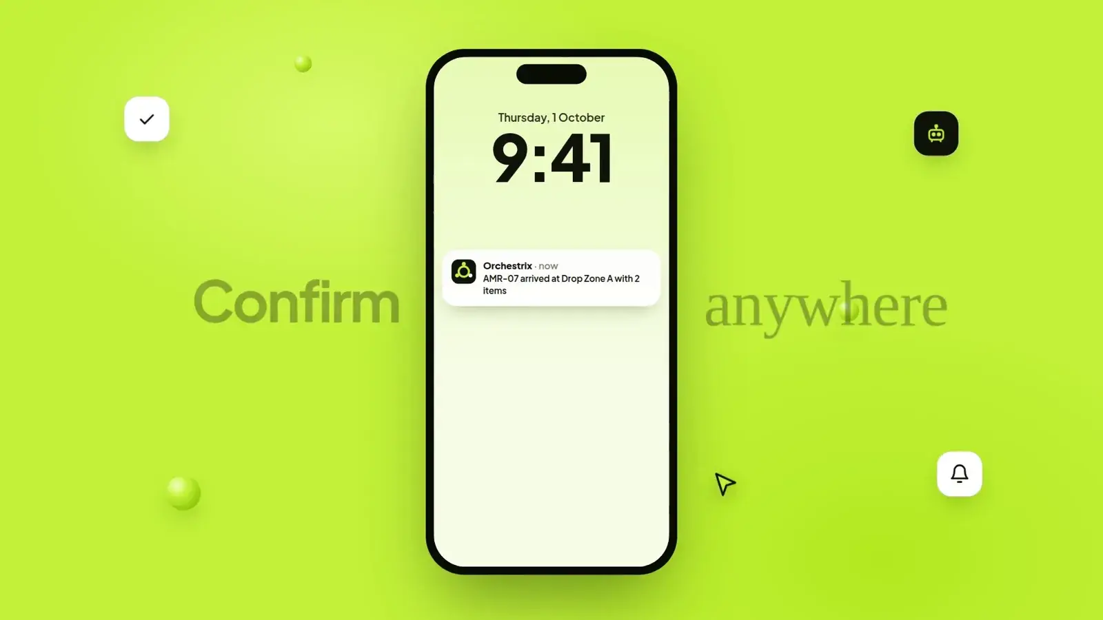 Phone lock screen showing an Orchestrix notification that the robot has arrived at Drop Zone A