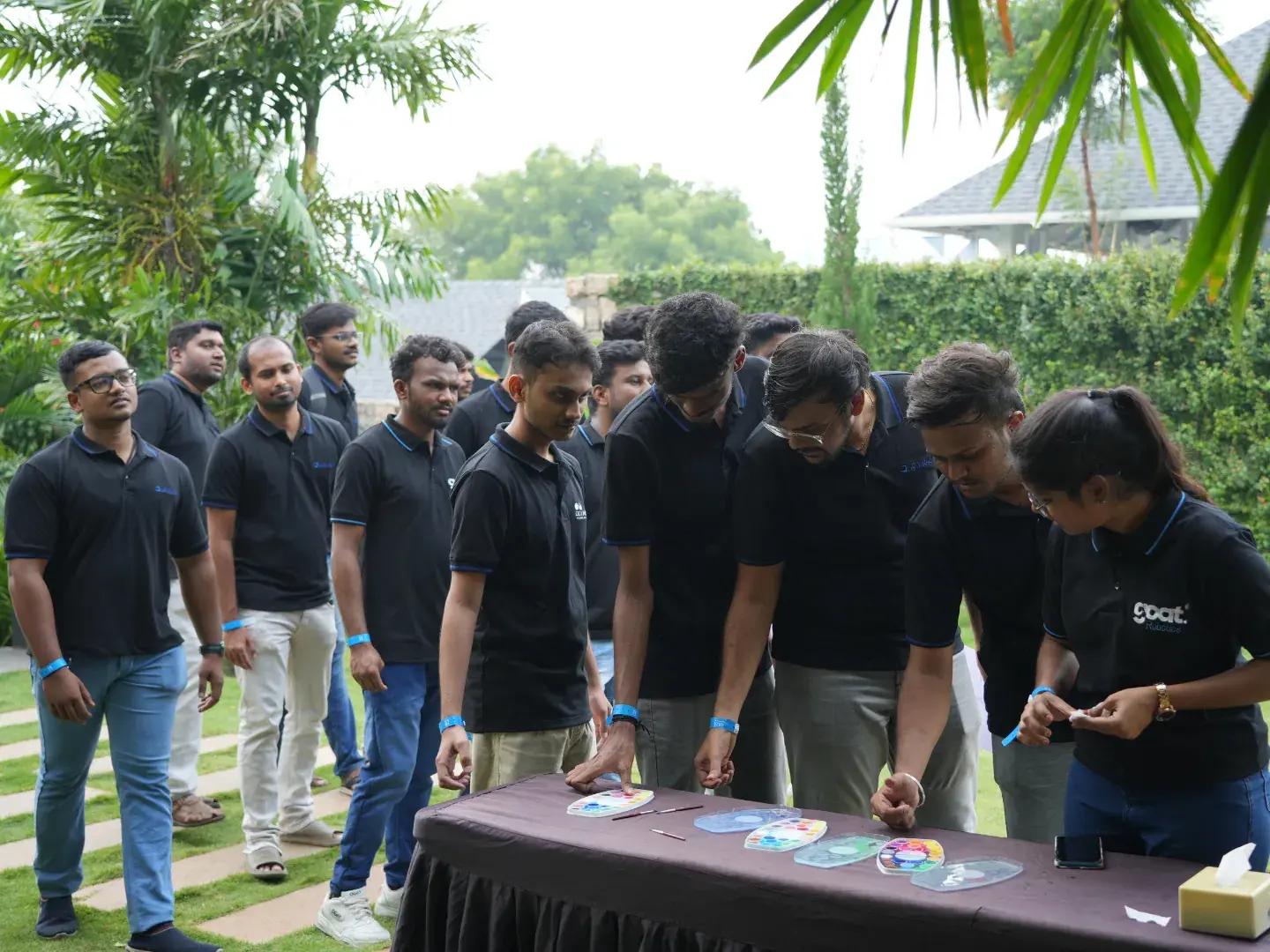 Teams working through a group activity outdoors