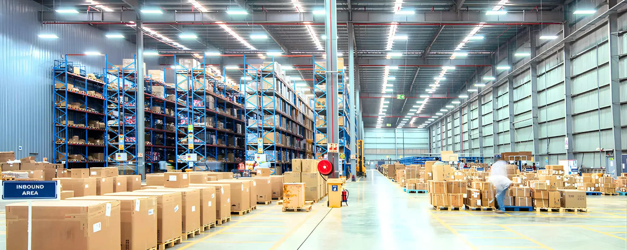 Warehouse with high racking and boxed goods in the inbound area