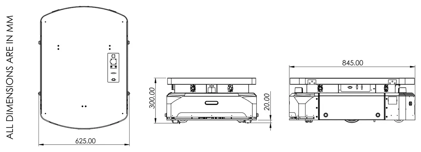 GT Series technical drawing with side, front and top views and dimensions in millimetres