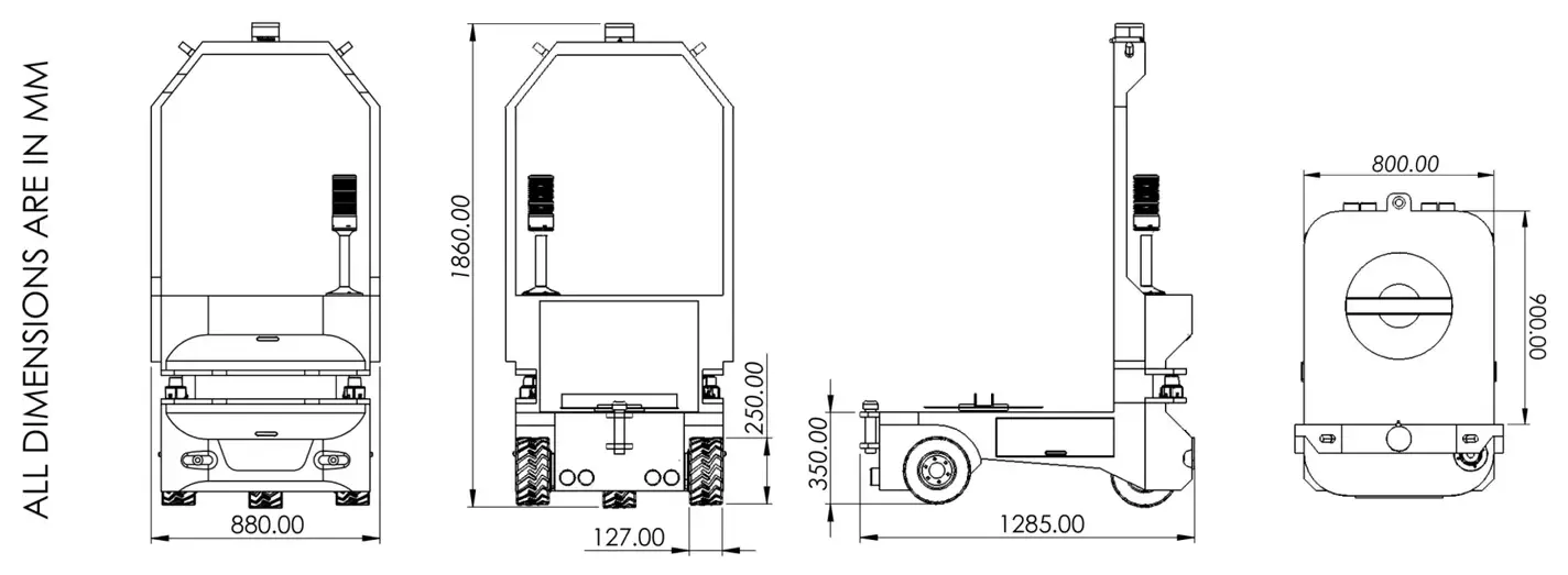 GT-XT technical drawing with side, front and top views and dimensions in millimetres